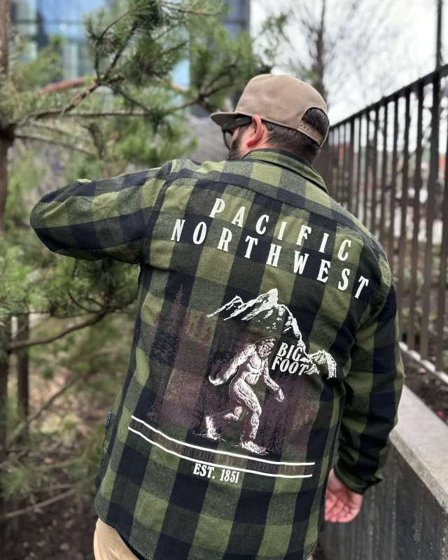 Pacific Northwest Sasquatch Snap Plaid Flannel Shirt made by Spirit Jersey