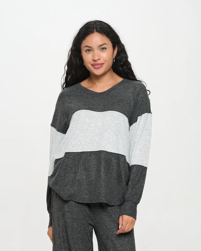 Color Blocked Luxe Brushed Swing V-Neck Top sold by Spirit Jersey