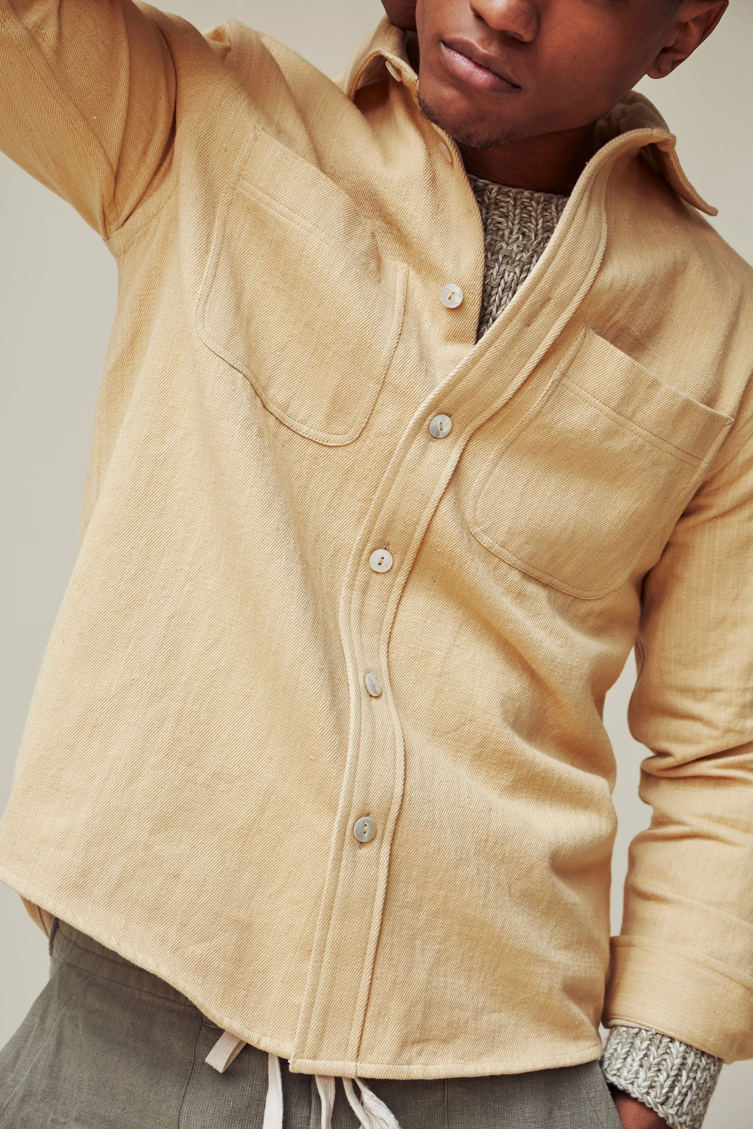 AMES WORKSHIRT desert sand handwoven denim sold by Indi and Ash