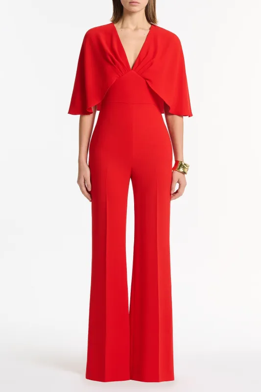 RED CREPE TUCK FRONT CAPE JUMPSUIT sold by Carla Zampatti