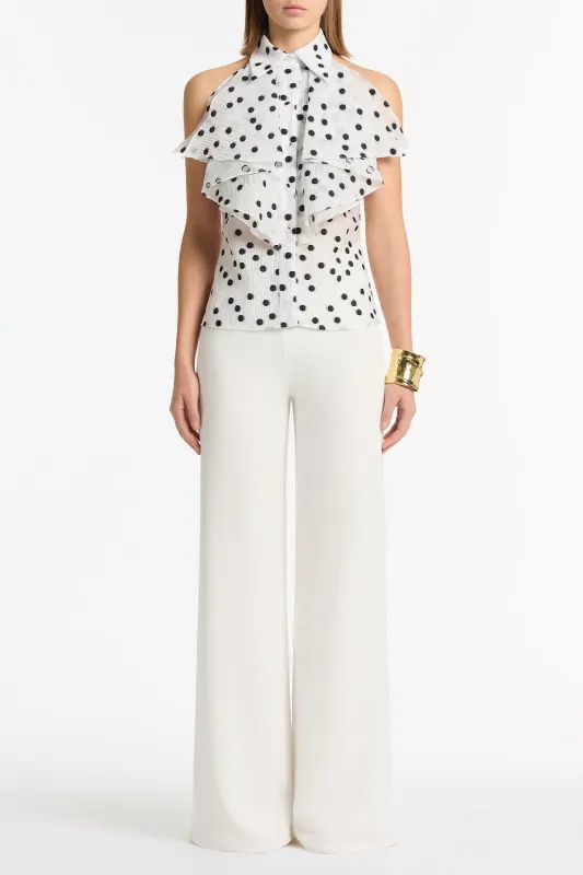 WHITE AND BLACK SPOT JACQUARD SLEEVELESS RUFFLE BLOUSE sold by Carla Zampatti