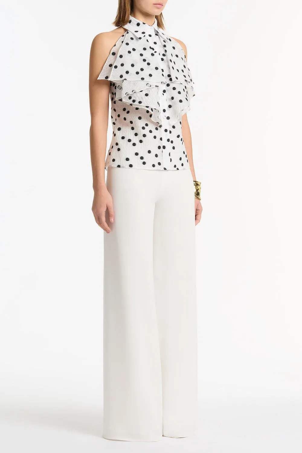 WHITE AND BLACK SPOT JACQUARD SLEEVELESS RUFFLE BLOUSE sold by Carla Zampatti product image thumbnail 2