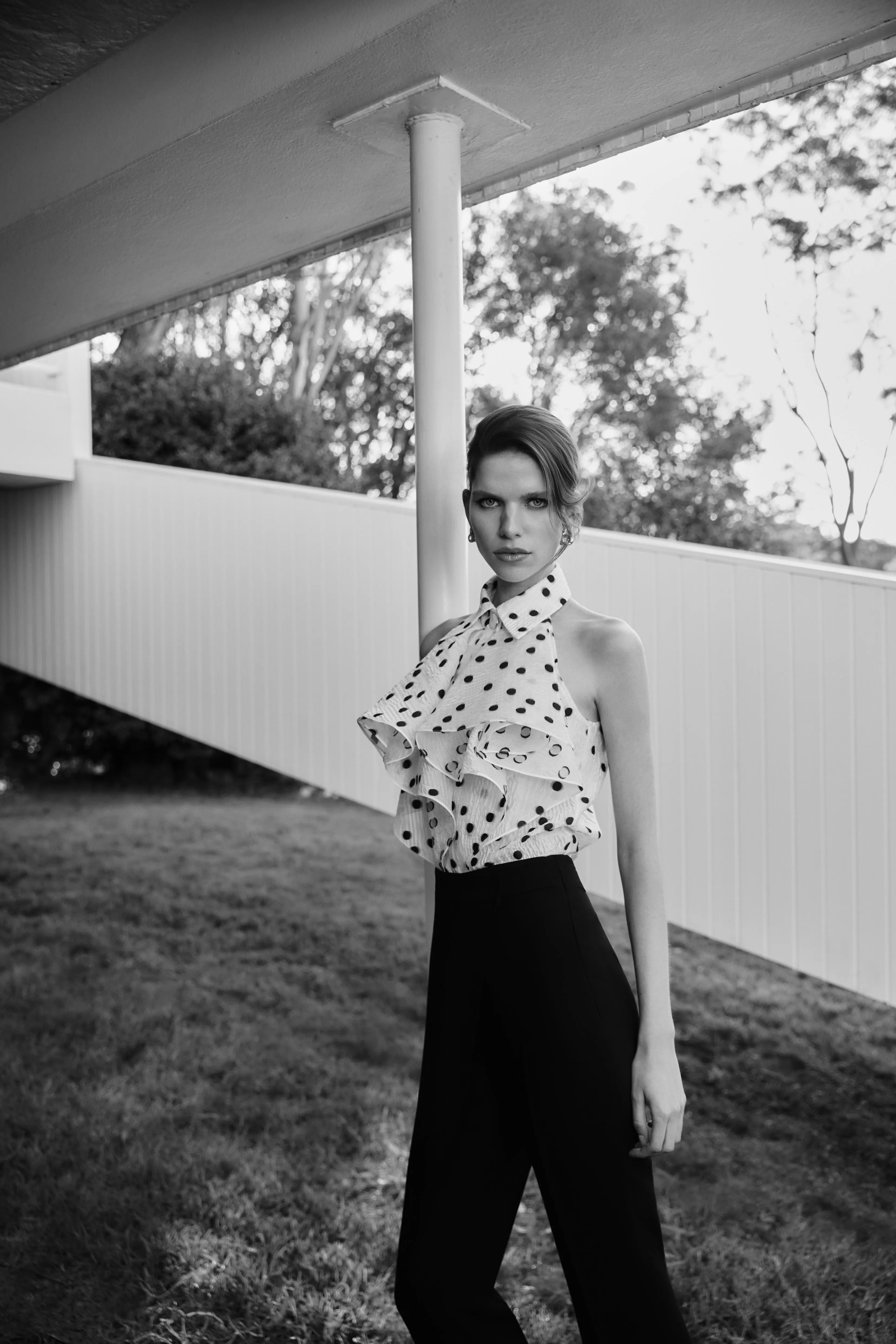 WHITE AND BLACK SPOT JACQUARD SLEEVELESS RUFFLE BLOUSE sold by Carla Zampatti product image thumbnail 4