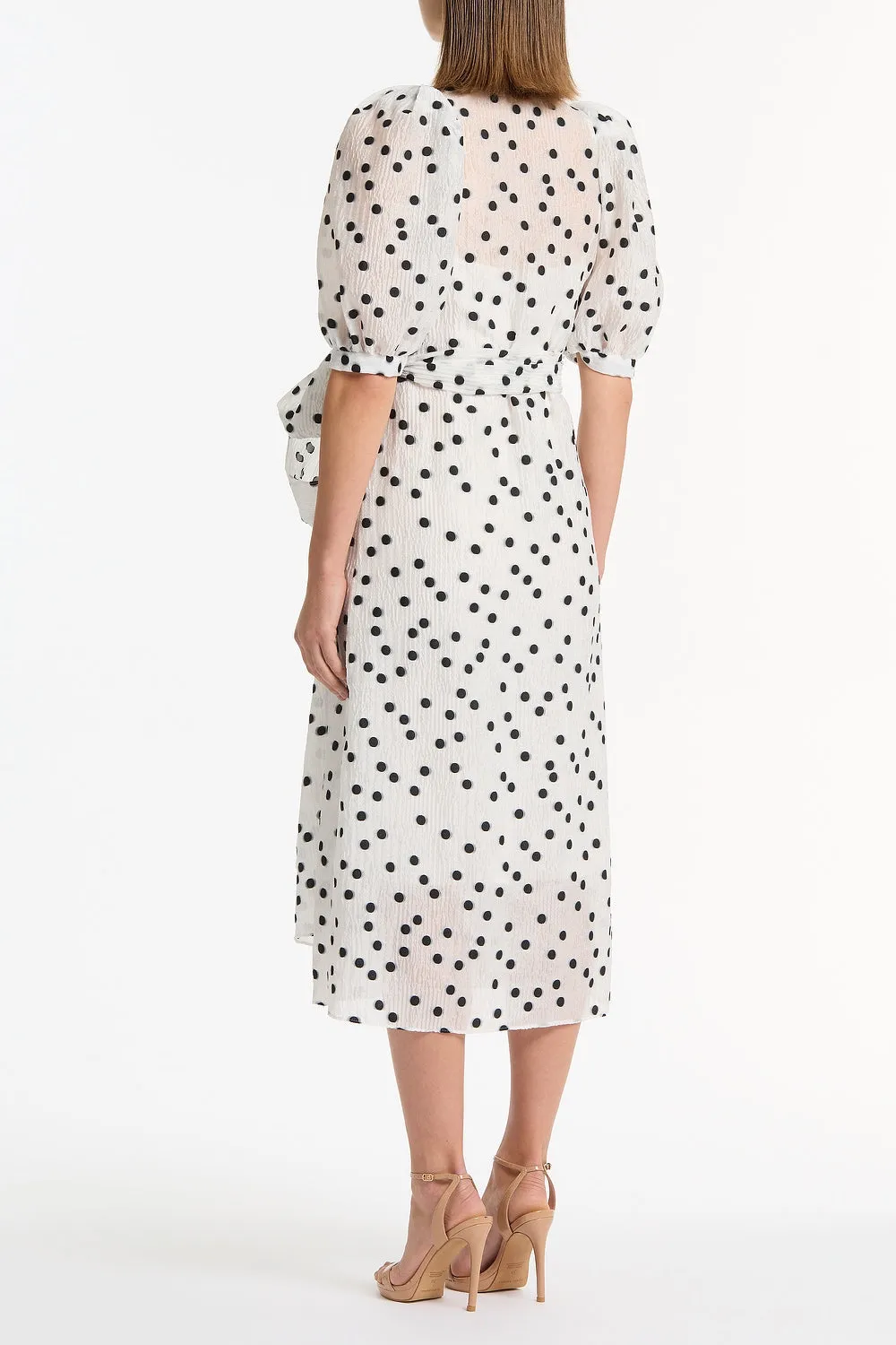WHITE AND BLACK SPOT JACQUARD PUFF SLEEVE WRAP DRESS sold by Carla Zampatti product image thumbnail 3
