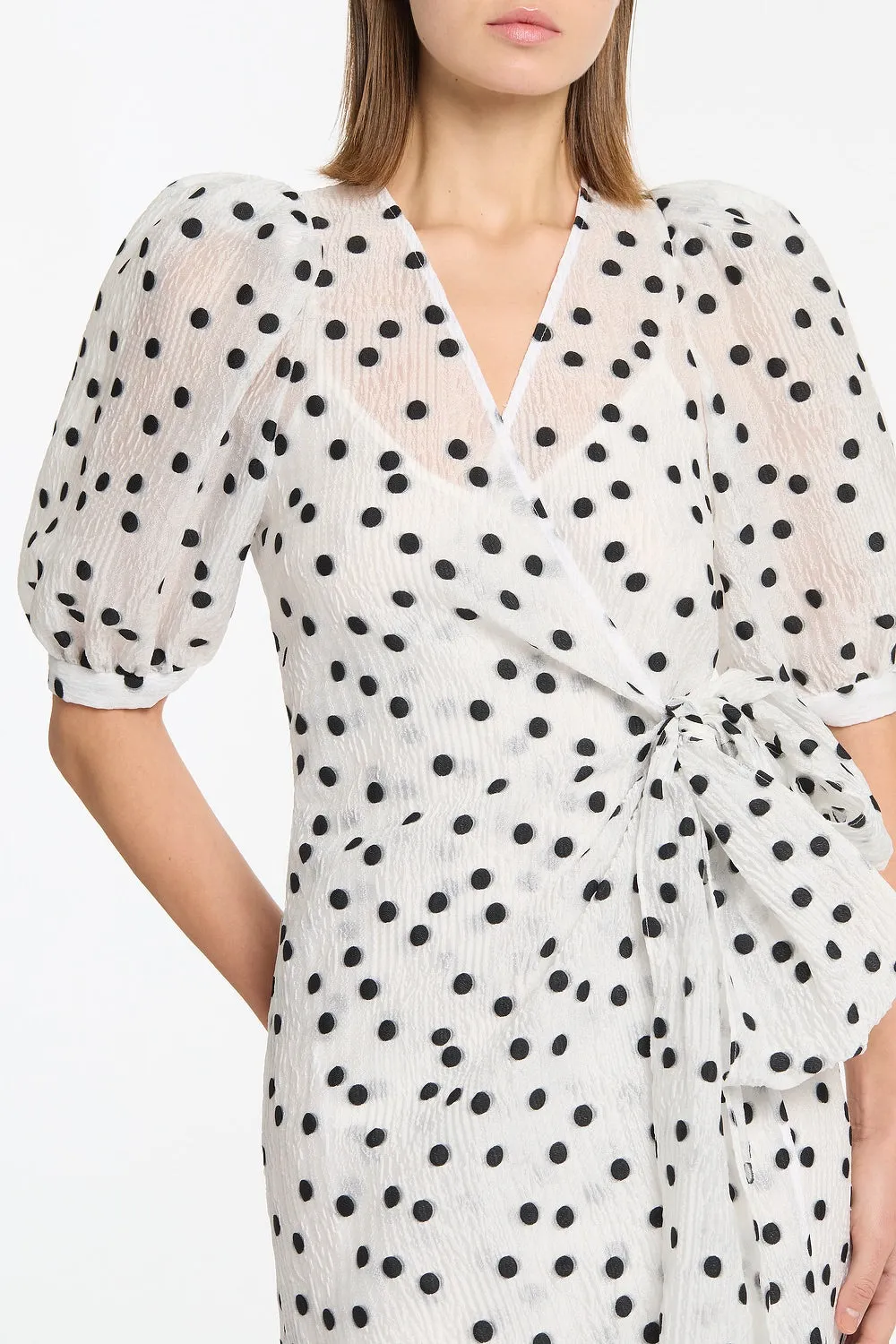 WHITE AND BLACK SPOT JACQUARD PUFF SLEEVE WRAP DRESS sold by Carla Zampatti product image thumbnail 4
