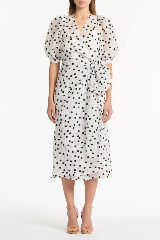 WHITE AND BLACK SPOT JACQUARD PUFF SLEEVE WRAP DRESS sold by Carla Zampatti