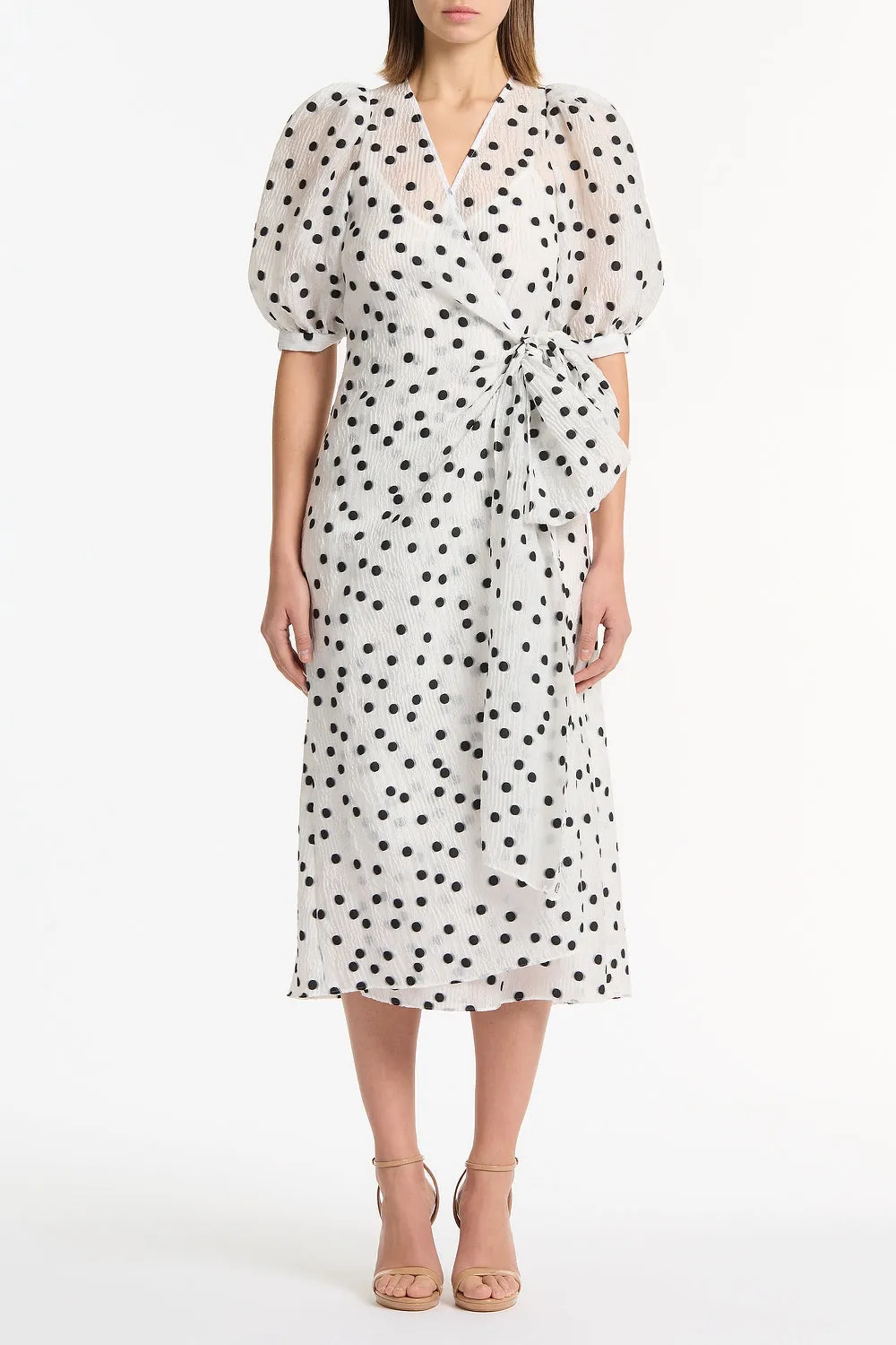 WHITE AND BLACK SPOT JACQUARD PUFF SLEEVE WRAP DRESS sold by Carla Zampatti