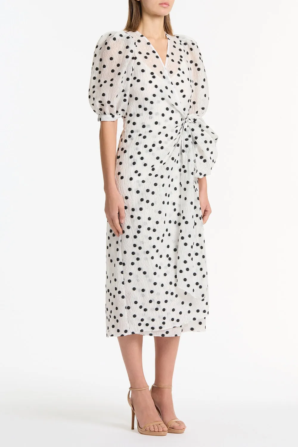 WHITE AND BLACK SPOT JACQUARD PUFF SLEEVE WRAP DRESS sold by Carla Zampatti product image thumbnail 2