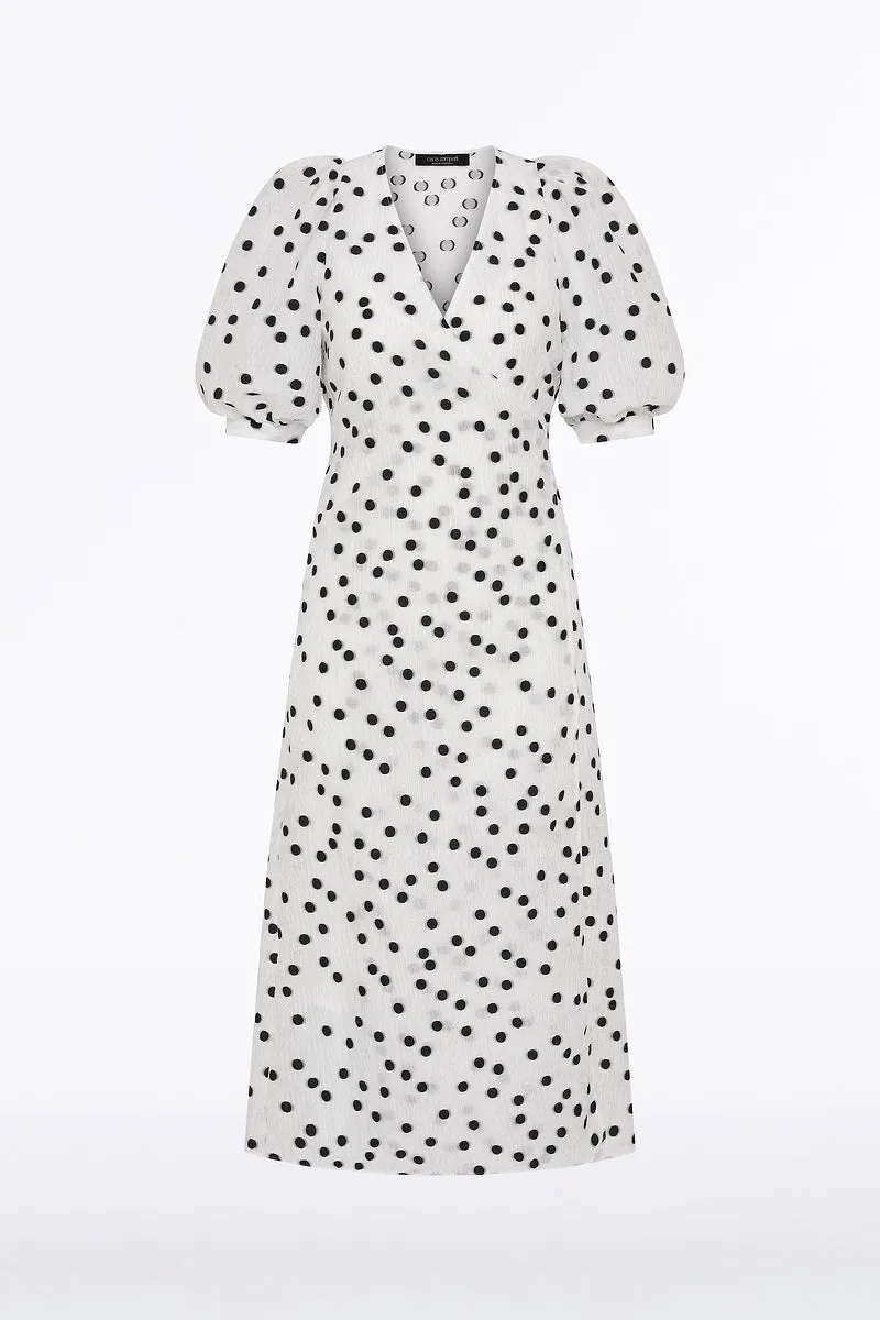 WHITE AND BLACK SPOT JACQUARD PUFF SLEEVE WRAP DRESS sold by Carla Zampatti product image thumbnail 5