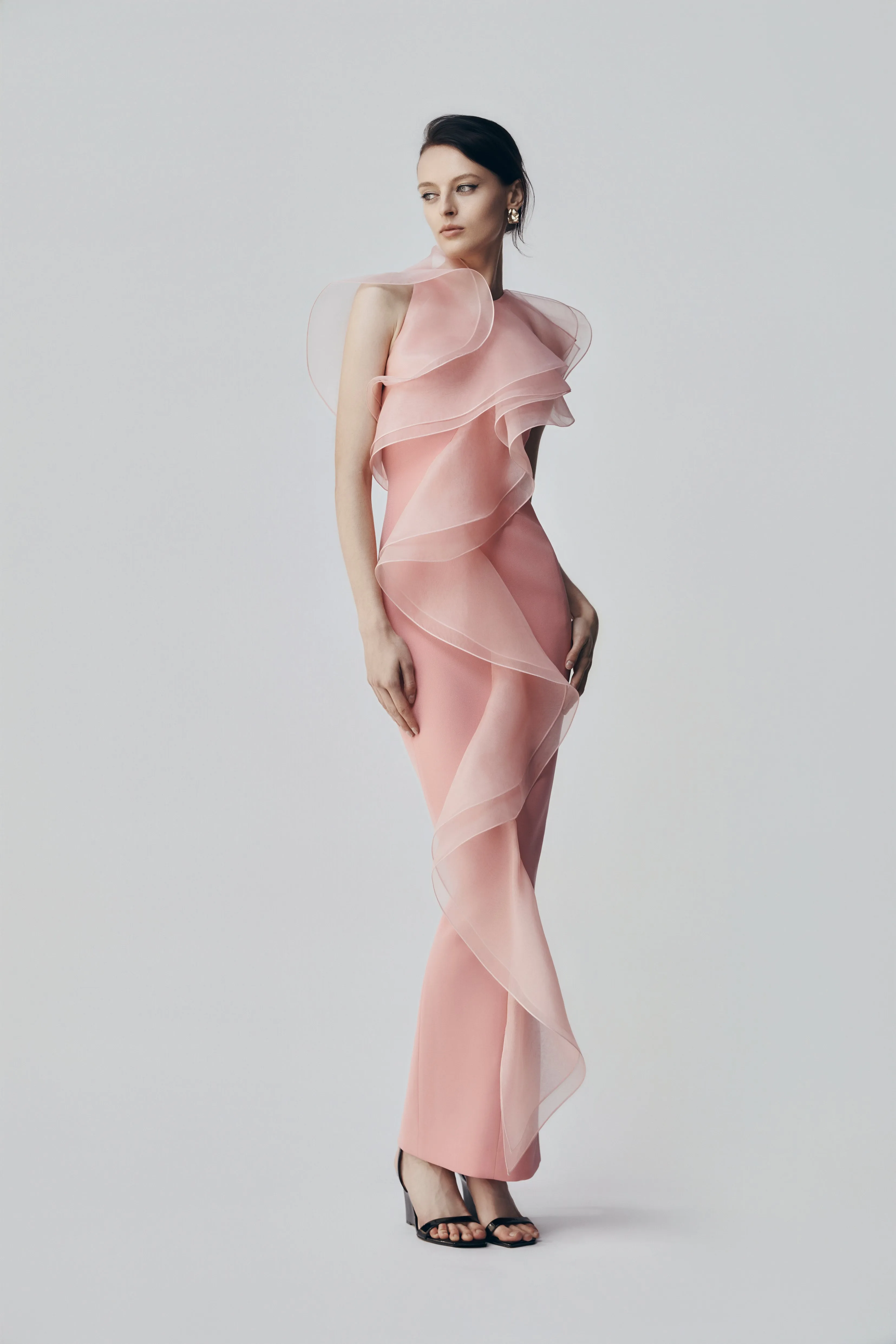 ROSE PINK CREPE RUFFLE FRONT GOWN sold by Carla Zampatti product image thumbnail 4