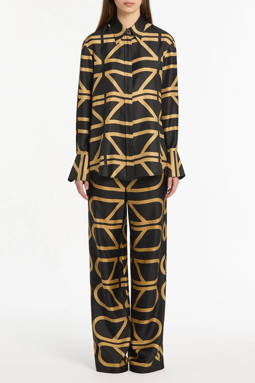BLACK AND BRANDY GRID SILK TWILL ELASTIC PANT sold by Carla Zampatti