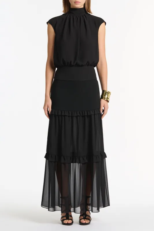 BLACK CREPE TIERED RUFFLE MIDI SKIRT sold by Carla Zampatti
