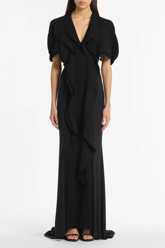 BLACK CREPE SHEER INSERT PETAL GOWN sold by Carla Zampatti