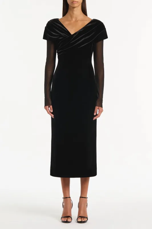 BLACK VELVET MESH DRAPED SHOULDER MIDI DRESS sold by Carla Zampatti