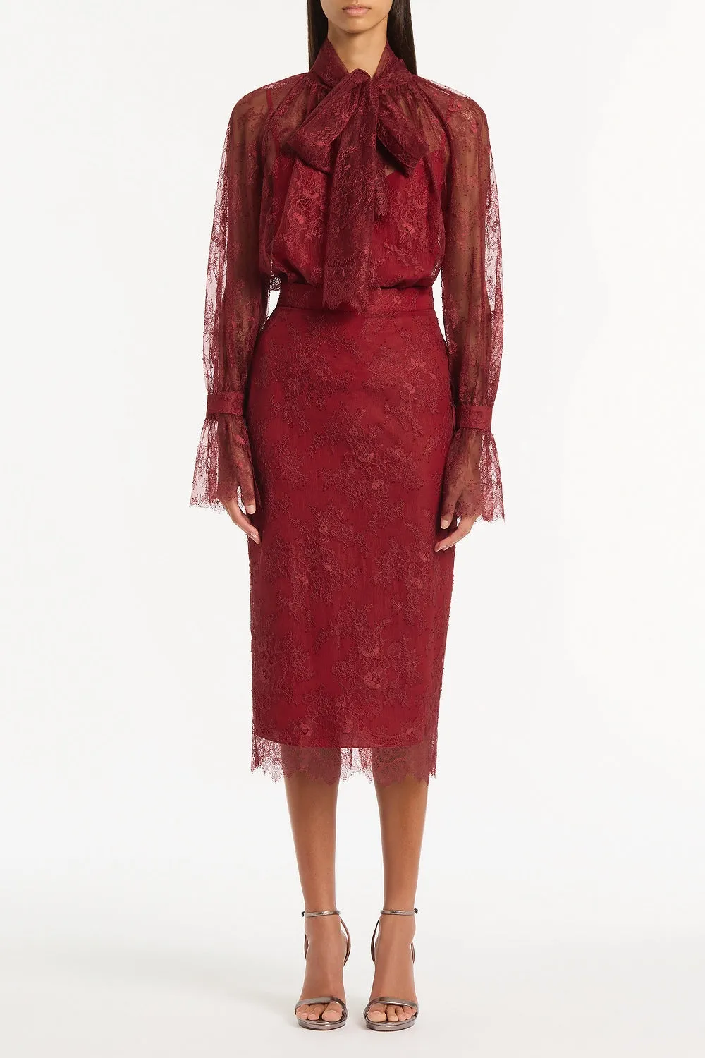 DAHLIA RED LACE LONG PENCIL SKIRT sold by Carla Zampatti
