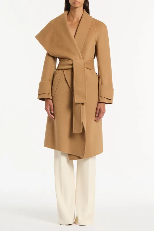 CAMEL WOOL DRAPE FRONT COAT sold by Carla Zampatti