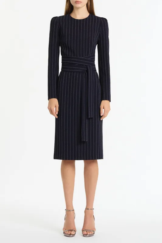 NAVY PINSTRIPE SPLIT SLEEVE MIDI DRESS sold by Carla Zampatti