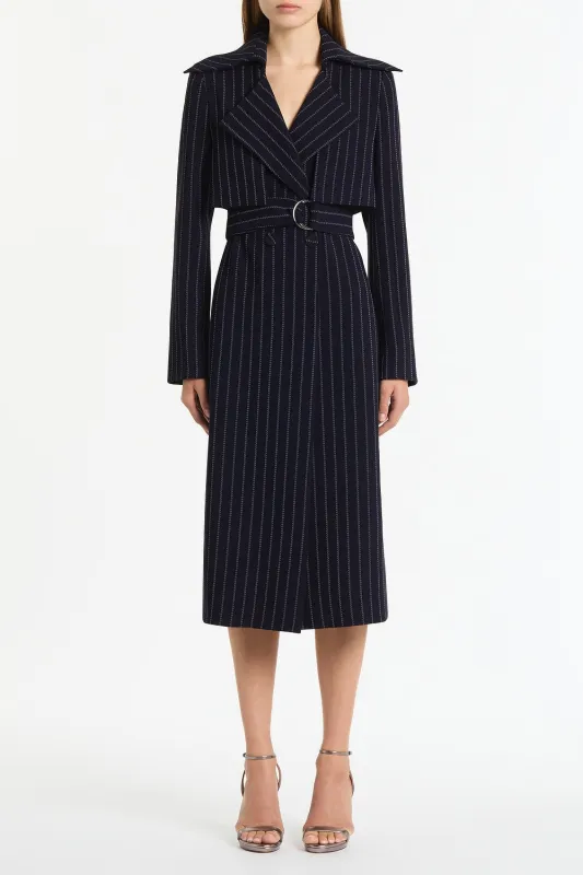 NAVY PINSTRIPE DOUBLE-BREASTED TRENCH COAT sold by Carla Zampatti