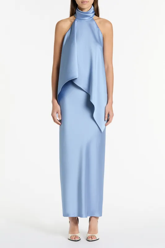 CORNFLOWER SATIN DRAPED HALTER TOP sold by Carla Zampatti