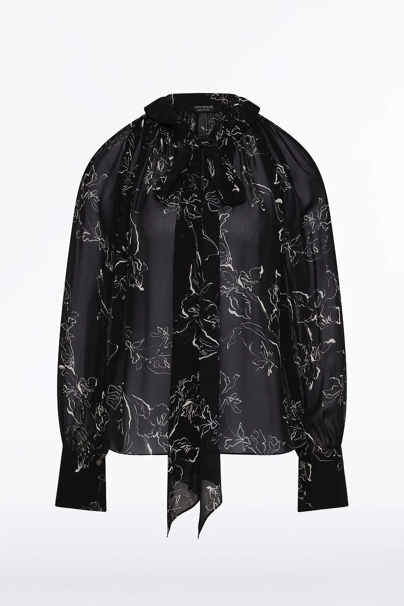 BLACK LINEAR FLORAL RUFFLE BLOUSE sold by Carla Zampatti product image thumbnail 5