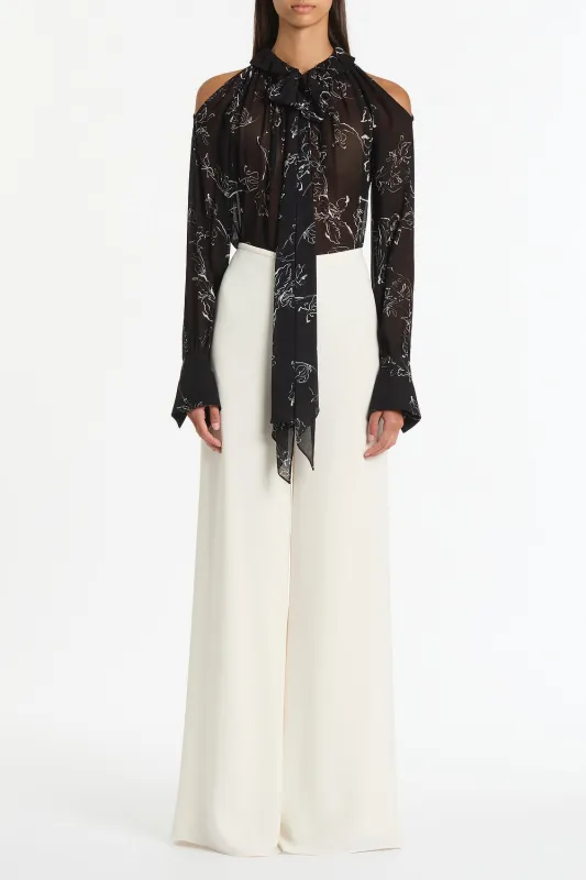 BLACK LINEAR FLORAL RUFFLE BLOUSE sold by Carla Zampatti