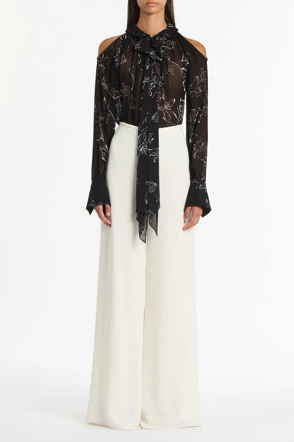 BLACK LINEAR FLORAL RUFFLE BLOUSE sold by Carla Zampatti
