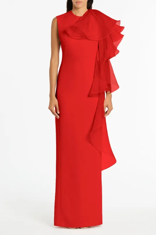 RED CREPE RUFFLE SHOULDER GOWN sold by Carla Zampatti