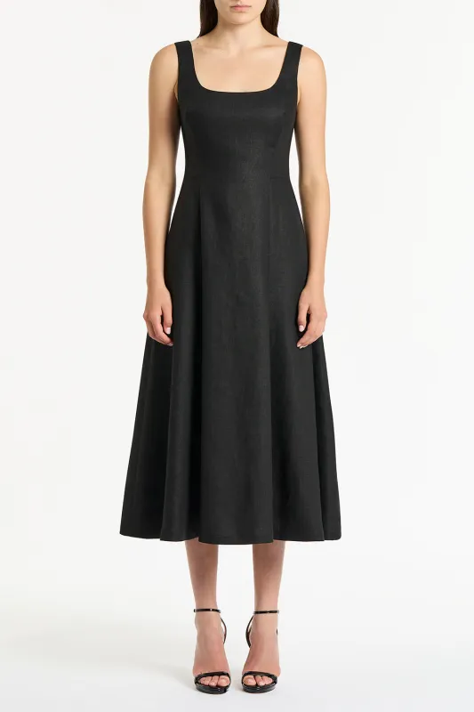 BLACK LINEN SQUARE NECK MIDI DRESS sold by Carla Zampatti