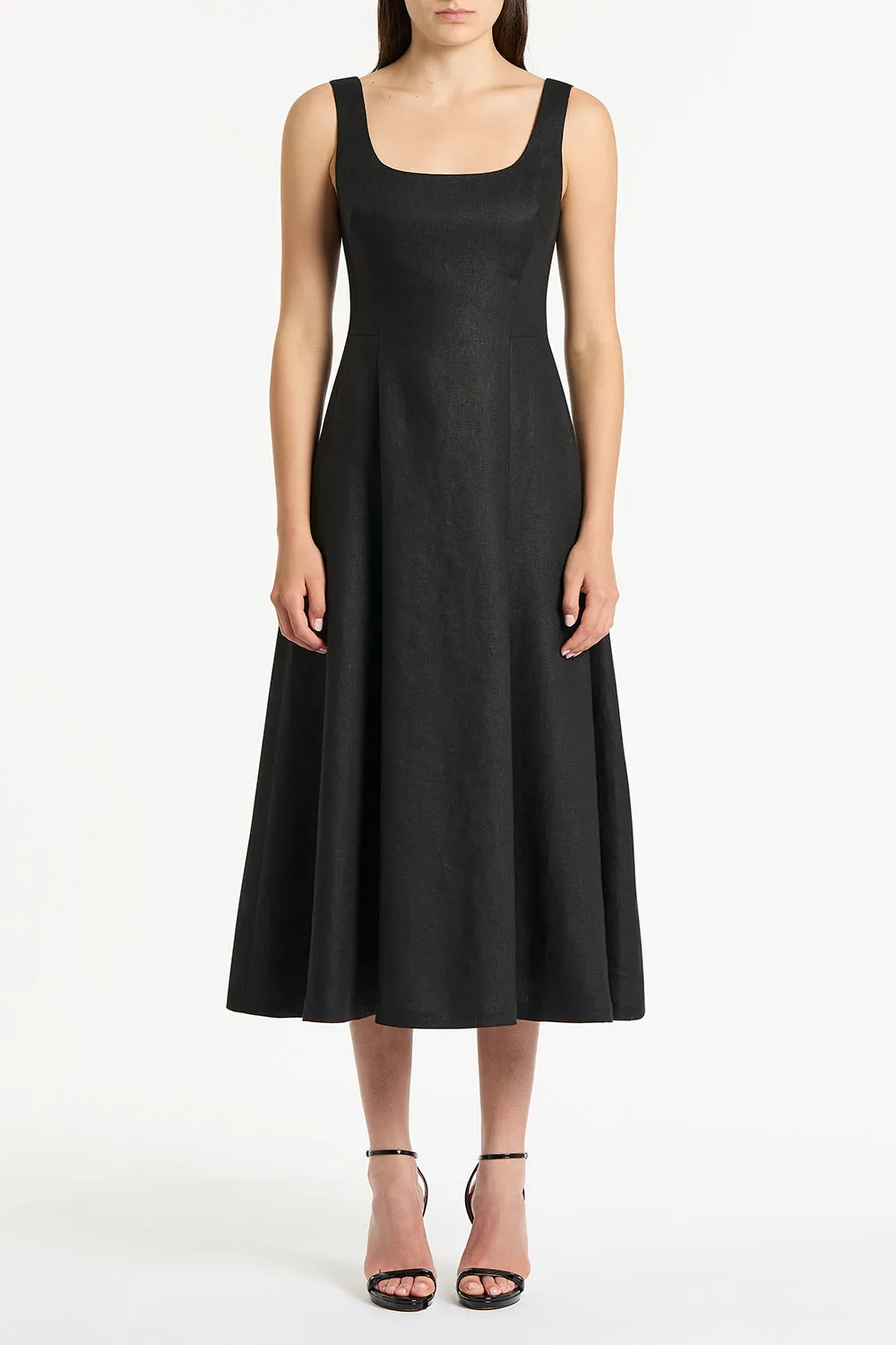BLACK LINEN SQUARE NECK MIDI DRESS sold by Carla Zampatti