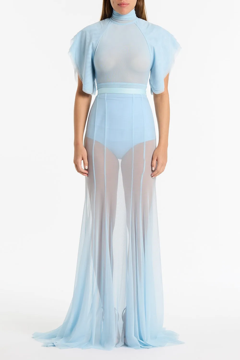 PALE BLUE PURA MESH PETAL SLEEVE BODYSUIT sold by Carla Zampatti