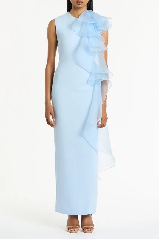 PALE BLUE CREPE RUFFLE SHOULDER GOWN sold by Carla Zampatti