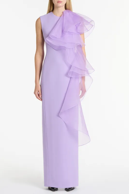 LILAC CREPE RUFFLE SHOULDER GOWN sold by Carla Zampatti