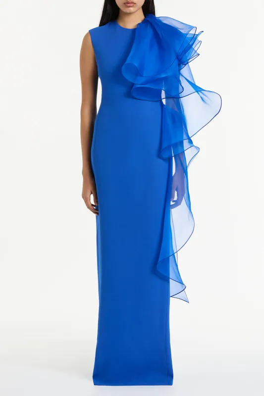 COBALT CREPE RUFFLE SHOULDER GOWN sold by Carla Zampatti