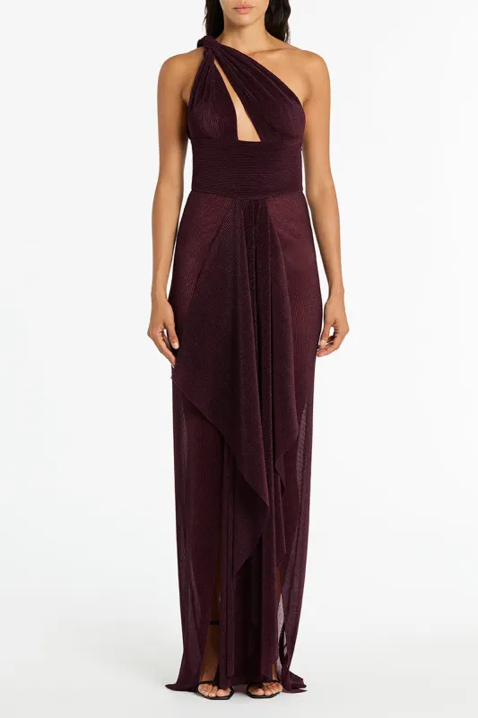 PLUM SHEER PLISSE ONE SHOULDER GOWN sold by Carla Zampatti