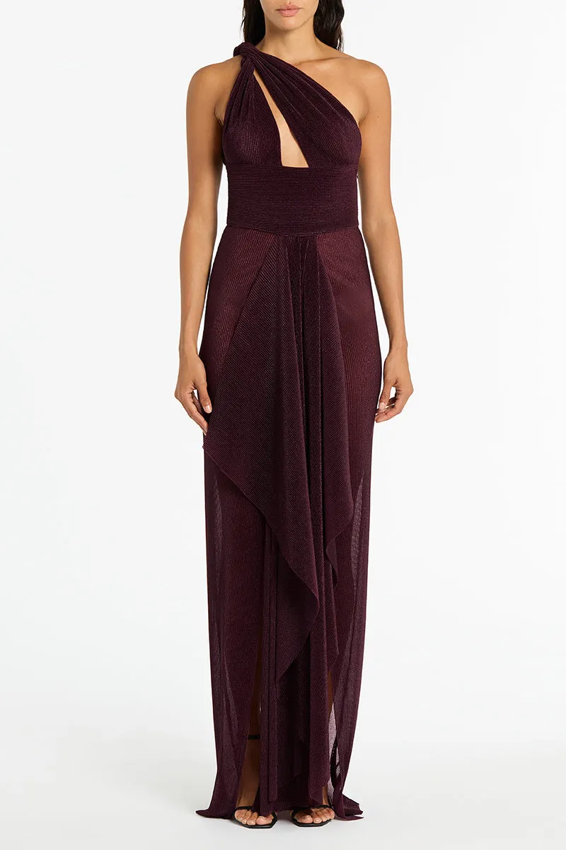 PLUM SHEER PLISSE ONE SHOULDER GOWN sold by Carla Zampatti
