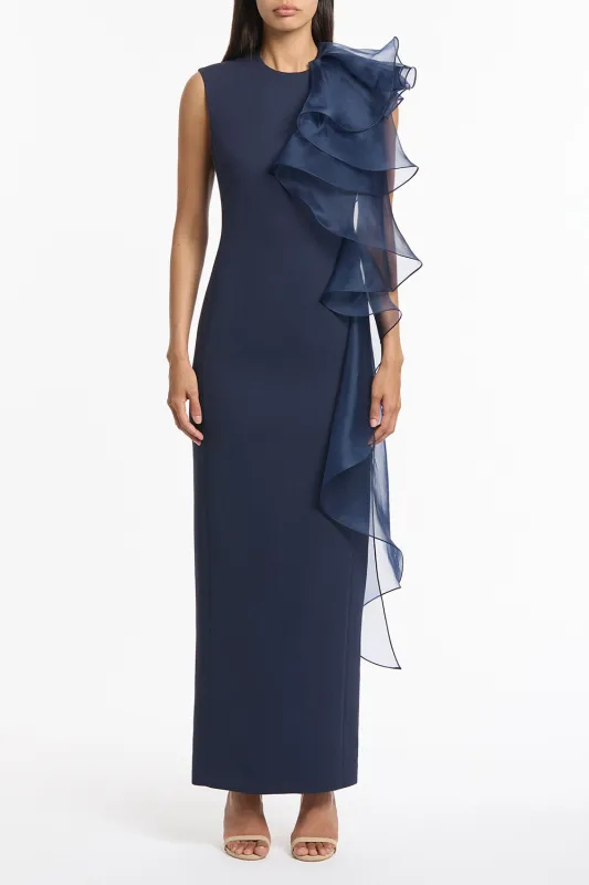 NAVY CREPE RUFFLE SHOULDER GOWN sold by Carla Zampatti