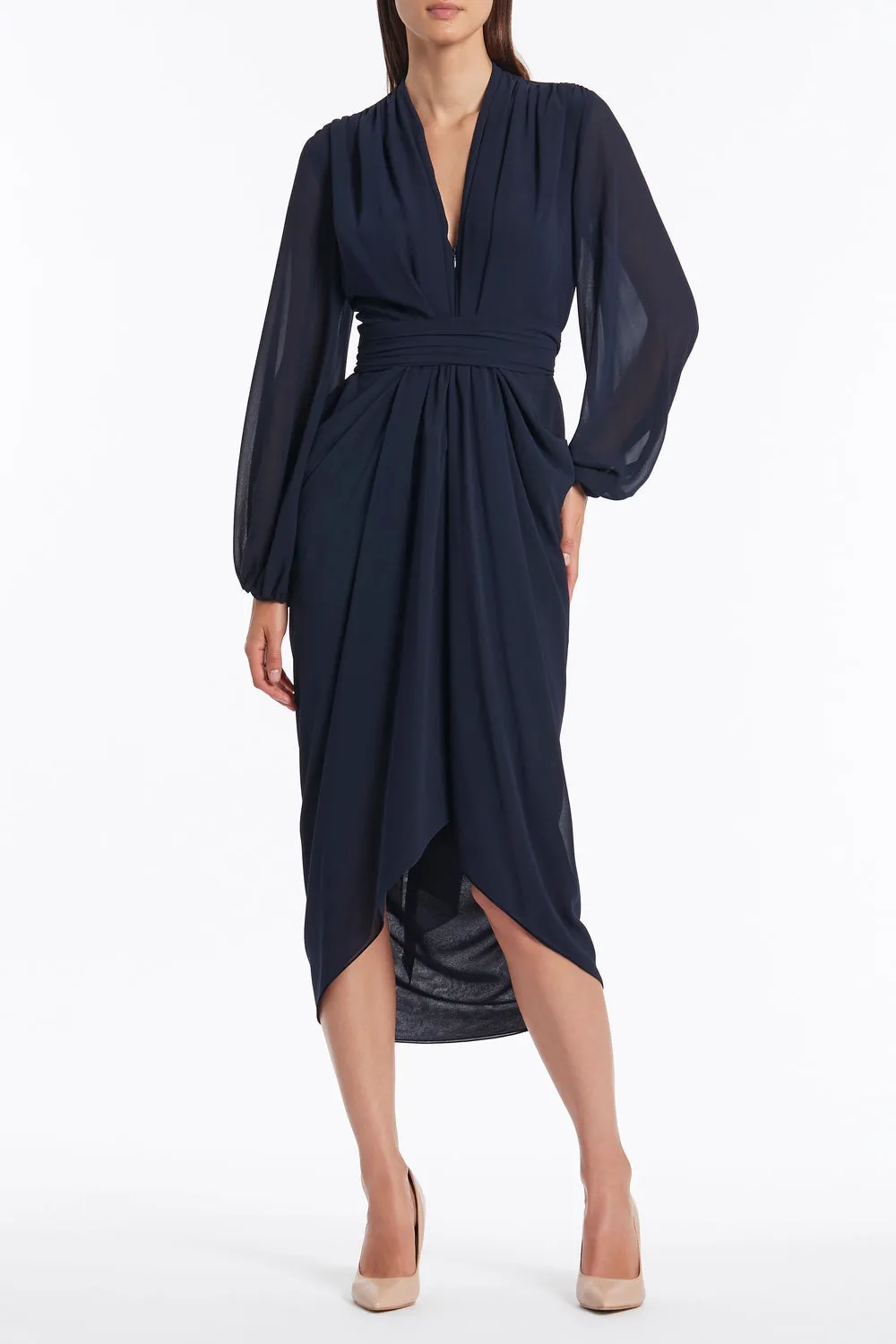 NAVY GEORGETTE V-NECK WATERFALL DRESS sold by Carla Zampatti product image thumbnail 5