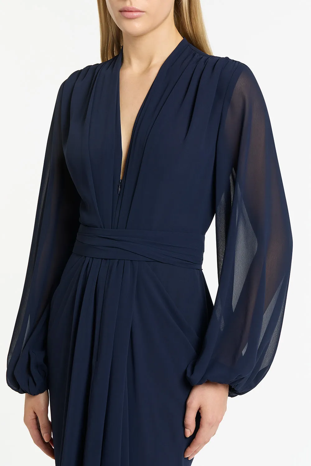 NAVY GEORGETTE V-NECK WATERFALL DRESS sold by Carla Zampatti product image thumbnail 4