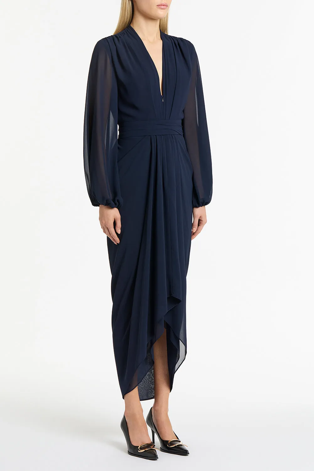 NAVY GEORGETTE V-NECK WATERFALL DRESS sold by Carla Zampatti product image thumbnail 3