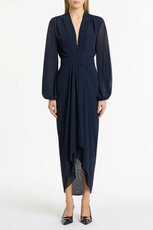 NAVY GEORGETTE V-NECK WATERFALL DRESS sold by Carla Zampatti