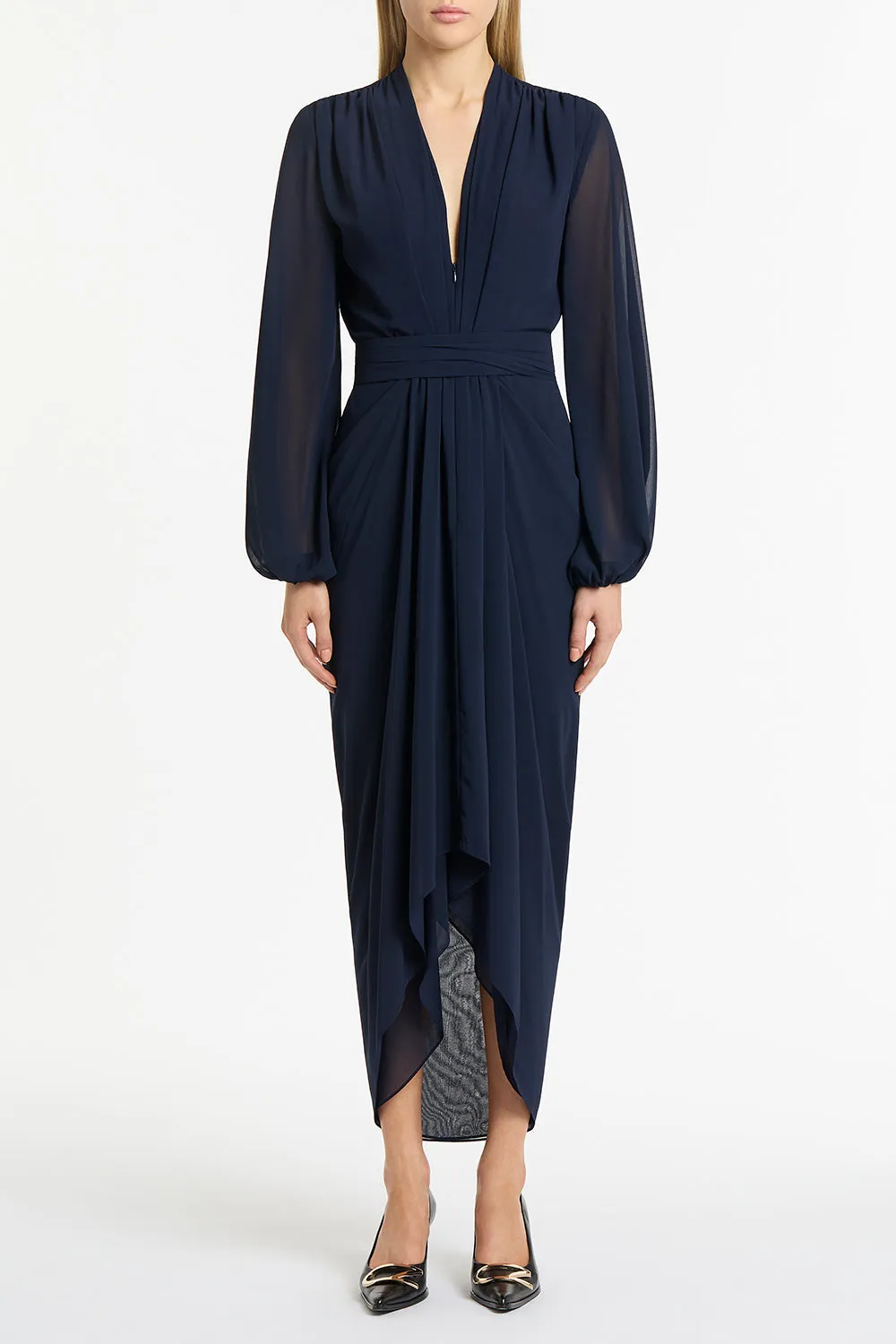 NAVY GEORGETTE V-NECK WATERFALL DRESS sold by Carla Zampatti