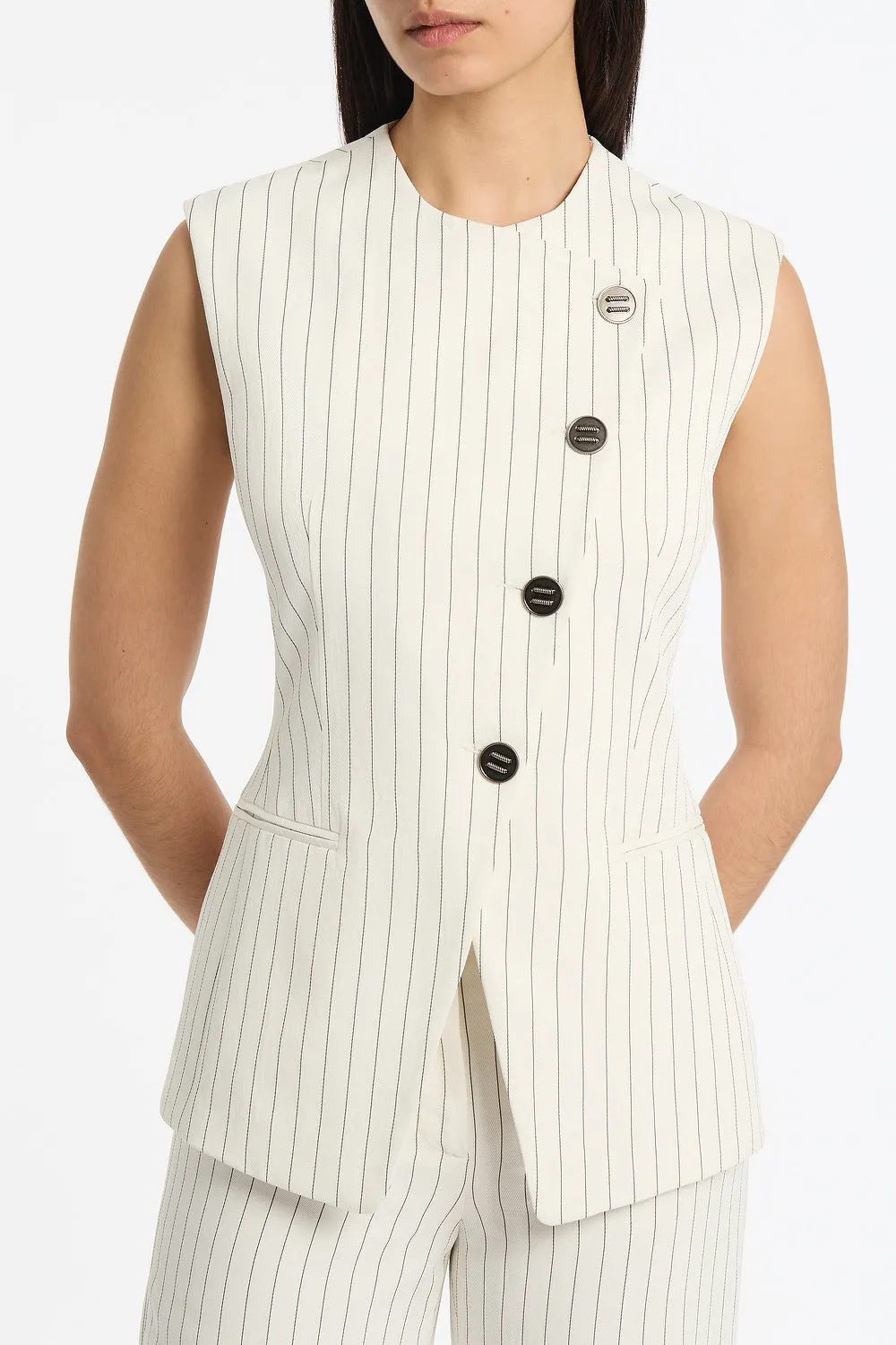 IVORY PINSTRIPE LINEN ASYMMETRIC VEST sold by Carla Zampatti product image thumbnail 4