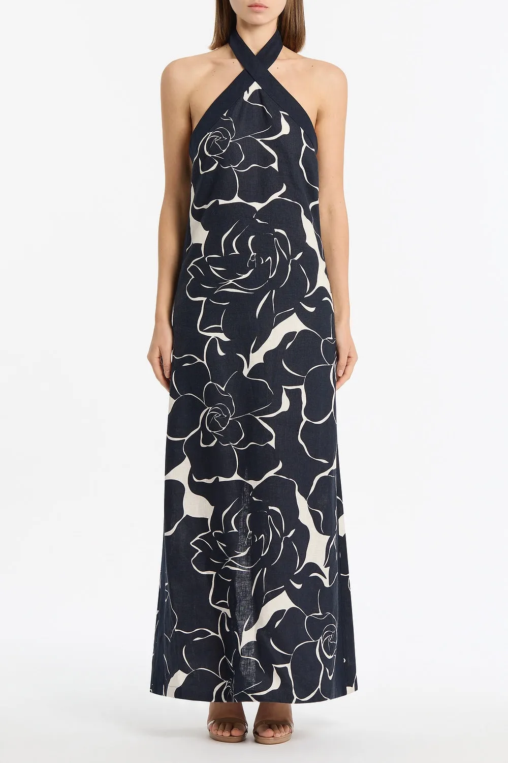 CELESTIAL PETALS LINEN HALTER NECK DRESS sold by Carla Zampatti