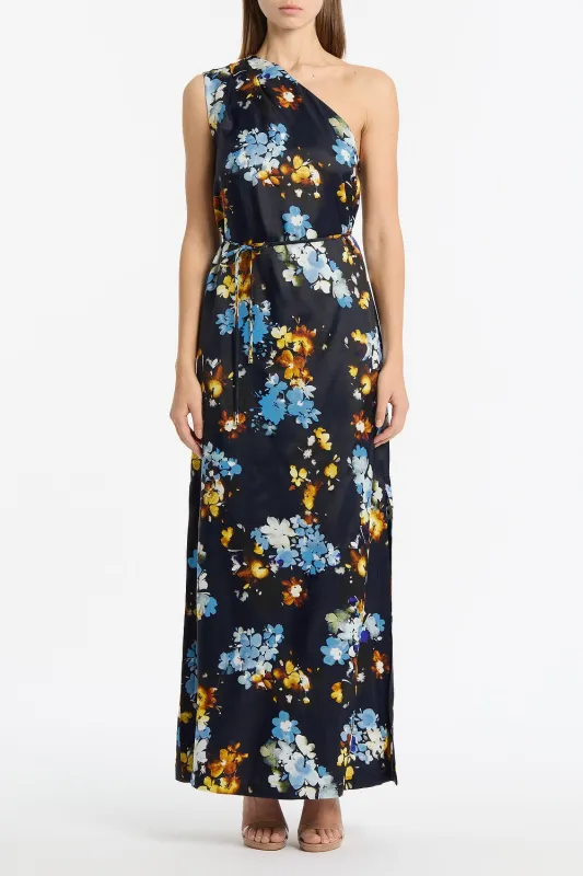 MIDNIGHT BOTANICA VISCOSE TWILL ONE SHOULDER DRESS sold by Carla Zampatti