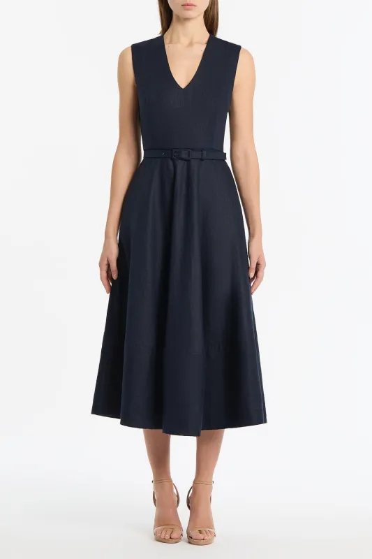 NAVY LINEN BELTED MIDI DRESS sold by Carla Zampatti