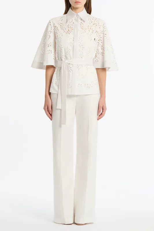 IVORY LACE BRODERIE FLUTED SLEEVE TIE TOP sold by Carla Zampatti
