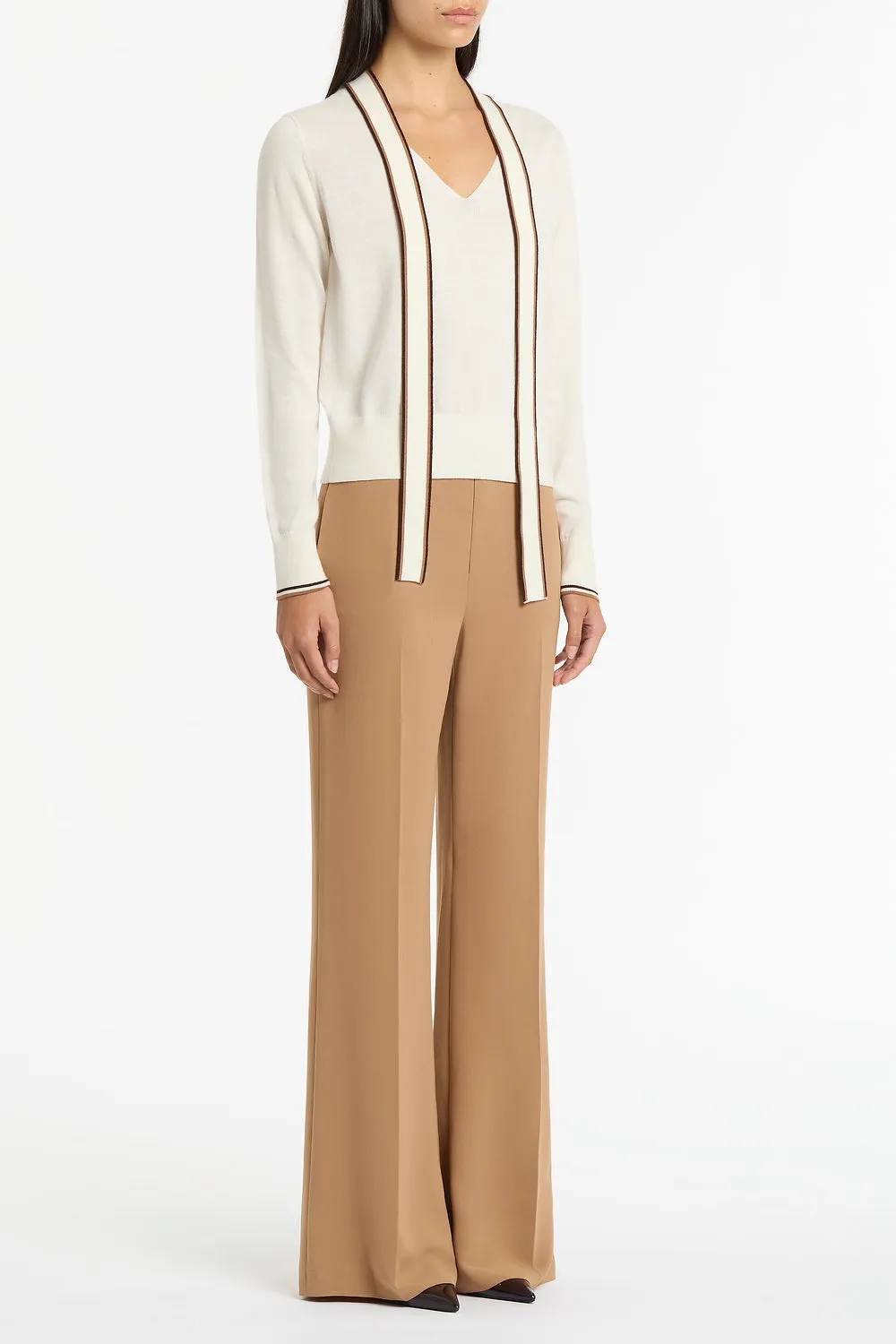 IVORY MERINO TIPPED TIE NECK KNIT TOP sold by Carla Zampatti product image thumbnail 2