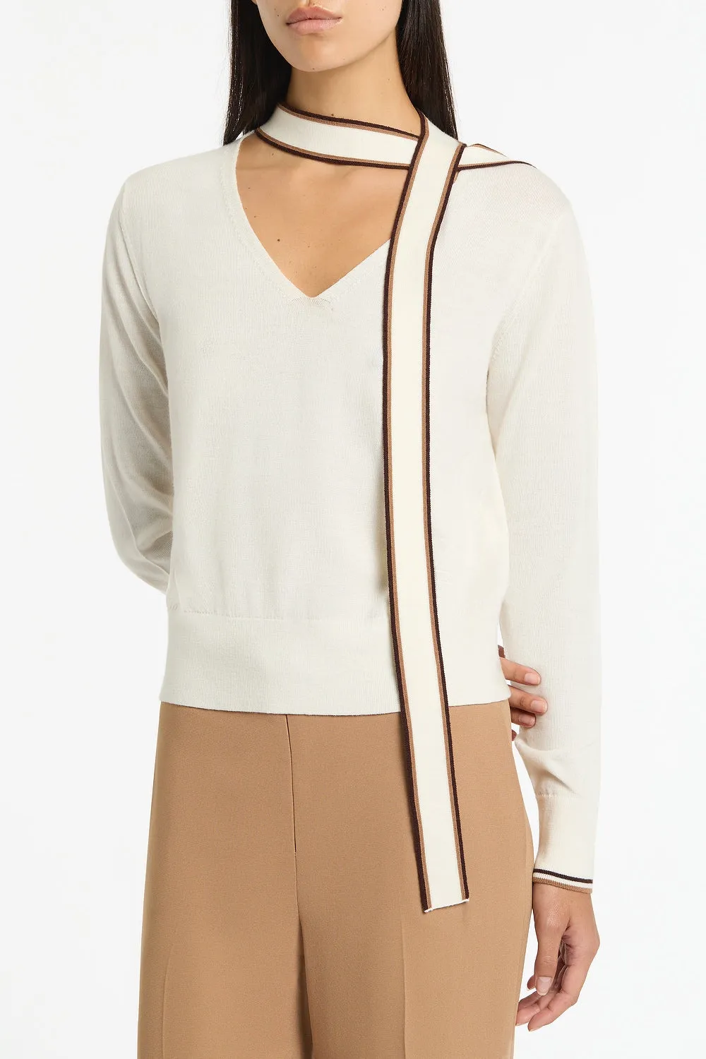 IVORY MERINO TIPPED TIE NECK KNIT TOP sold by Carla Zampatti product image thumbnail 4