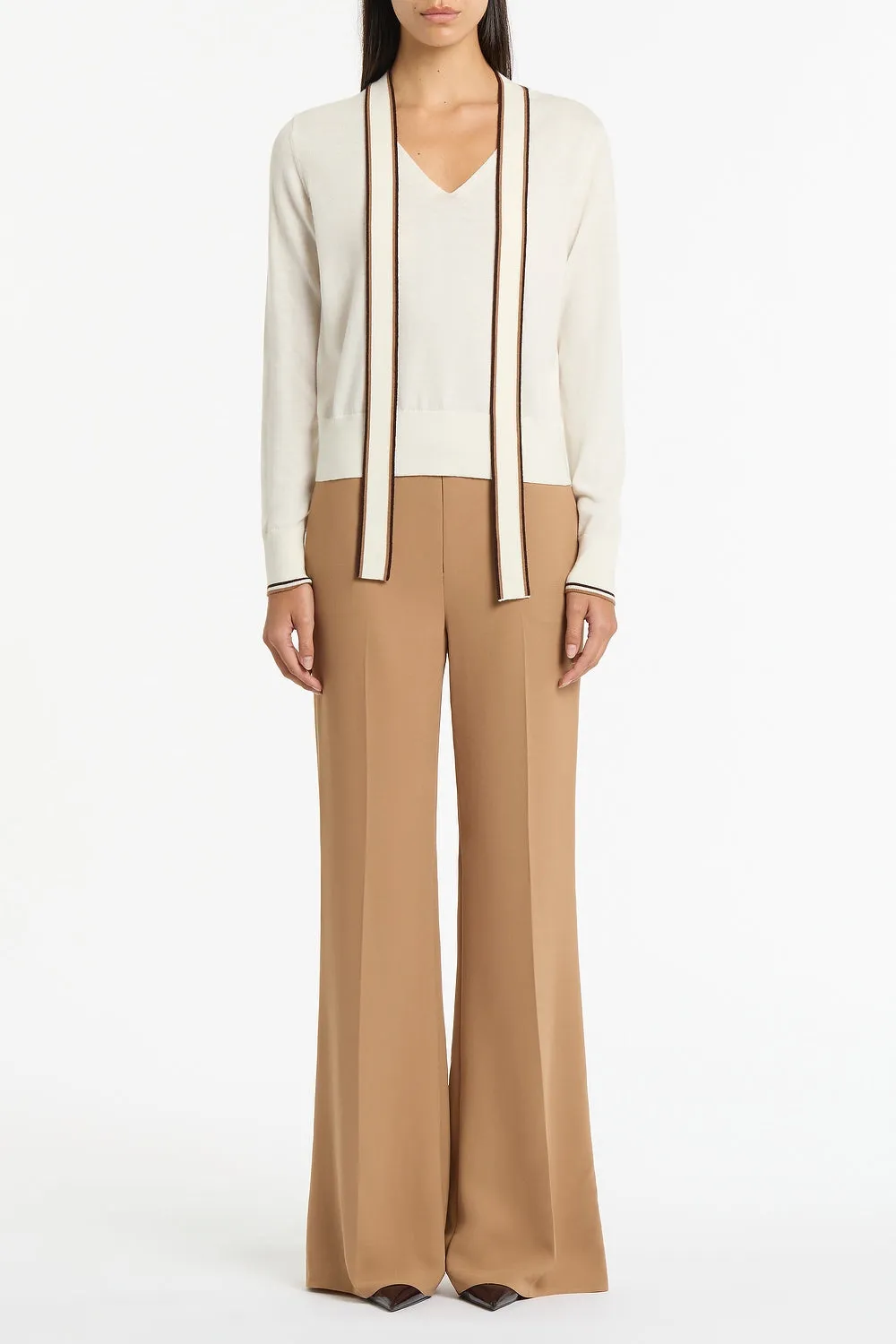 IVORY MERINO TIPPED TIE NECK KNIT TOP sold by Carla Zampatti