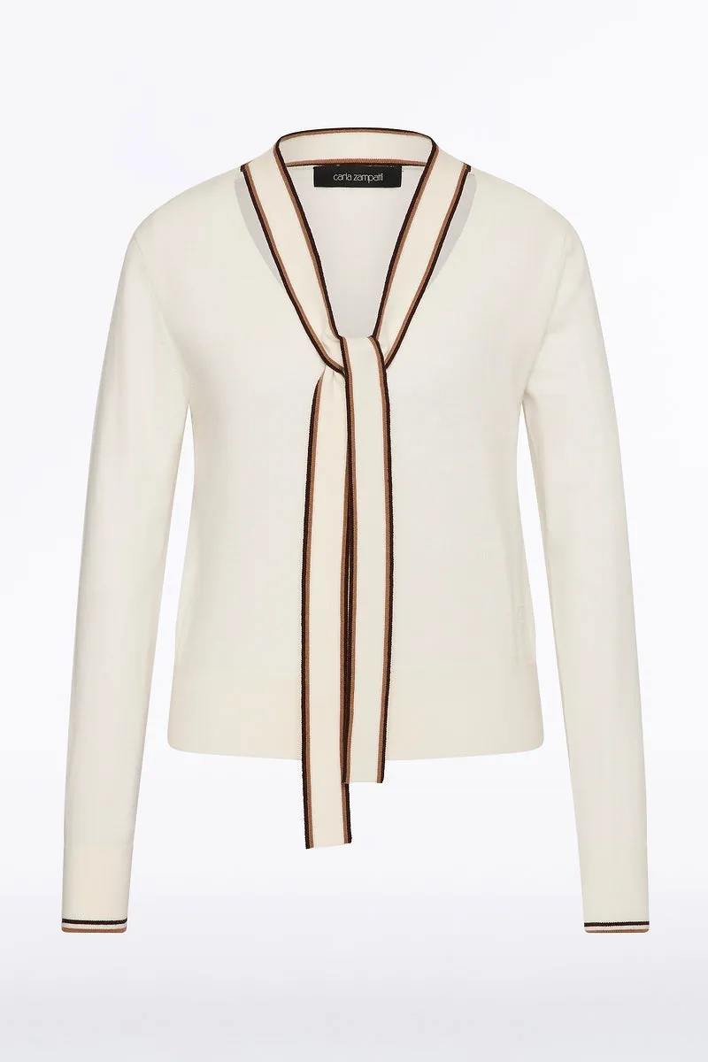 IVORY MERINO TIPPED TIE NECK KNIT TOP sold by Carla Zampatti product image thumbnail 5